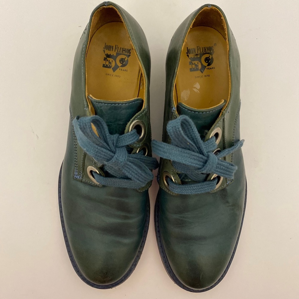 John Fluevog Quirky Loafers Womens 7 Teal Blue Leather Pointed Toe Slip On - Picture 5 of 6